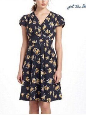 Anthropologie Hi There by Karen Walker Basque Navy Blue Floral Dress - 12